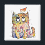 Cute Whimsical Annoyed Cat Magnet<br><div class="desc">This is an original mixed media painting of a whimsical annoyed cat with a bird on his head.</div>