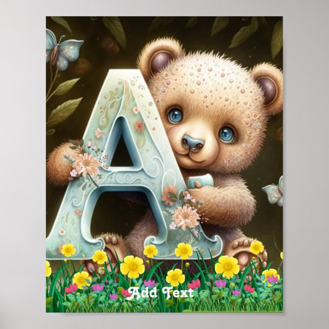 Cute Whimsical Baby Bear holding Alphabet A Poster (Front)