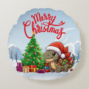 Cute/Whimsical baby Christmas stegosaurus  Round Cushion