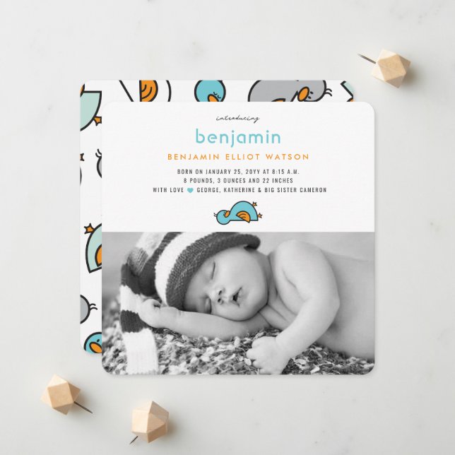Cute Whimsical Baby Ducklings Baby Boy Photo Birth Announcement (Front/Back In Situ)