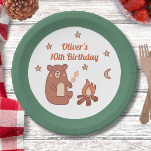 Cute Whimsical Bear Camping Birthday Paper Plate