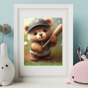 Cute Whimsical Bear Playing Baseball Personalised Poster