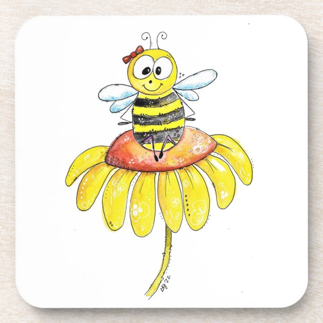 Cute Whimsical Bee on a Flower Coaster (Front)