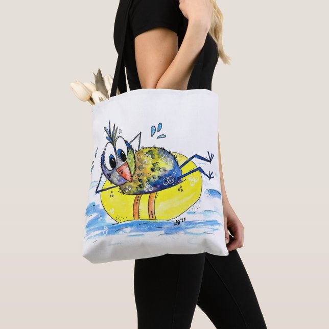 Cute Whimsical Bird on Float Tote Bag (Close Up)