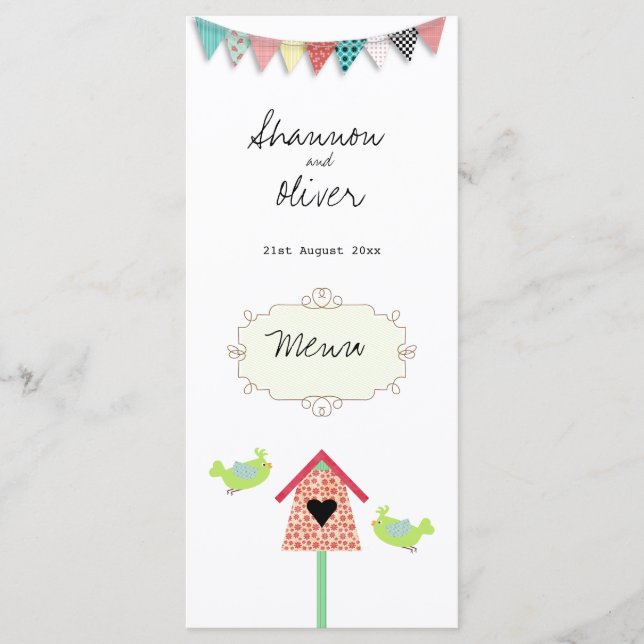 Cute Whimsical Birds And Birdhouse Menu (Front)