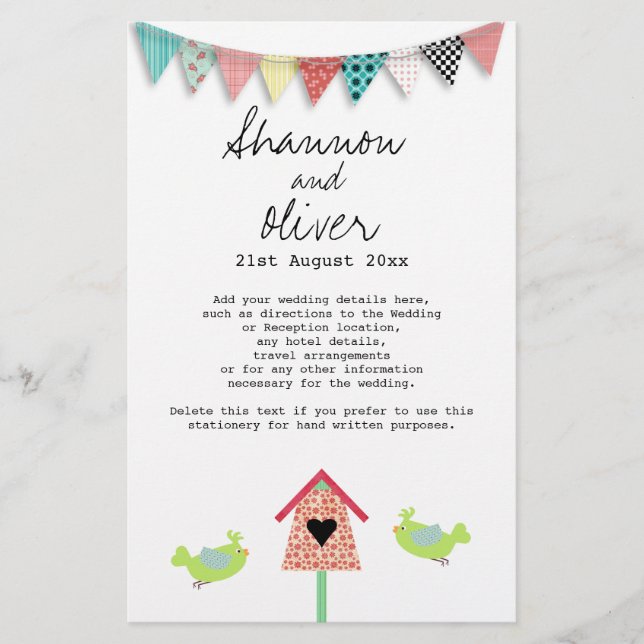 Cute Whimsical Birds And Birdhouse Wedding Info (Front)