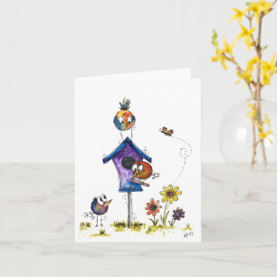Cute Whimsical Birds at a Birdhouse Card