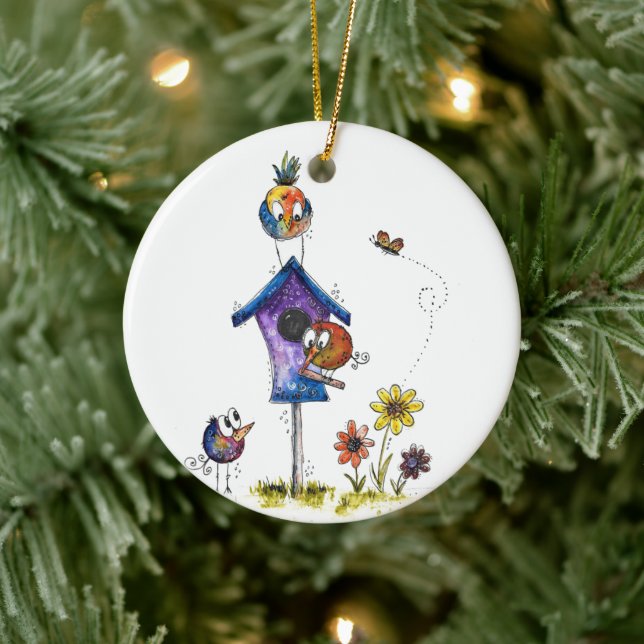 Cute Whimsical Birds at a Birdhouse Ceramic Tree Decoration (Tree)