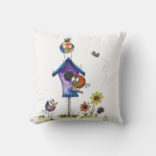 Cute Whimsical Birds at a Birdhouse Cushion