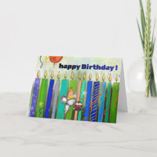 Cute Whimsical Birthday Mouse and Colourful Candle Card