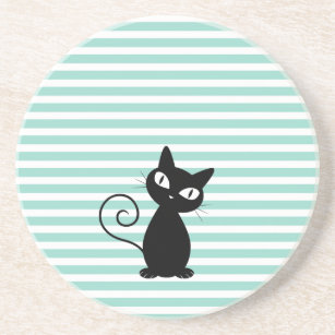 Cute Whimsical Black Cat on Stripes Coaster