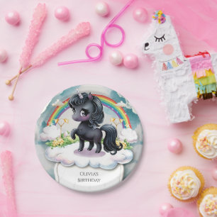 Cute Whimsical Black Unicorn Birthday Paper Plate