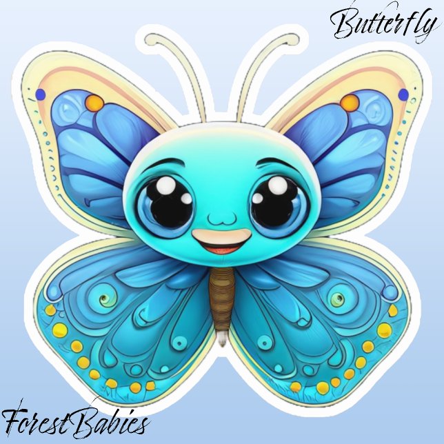 Cute Whimsical Blue Kids Butterfly Cartoon Graphic (Butterfly ForestBabies Sticker)