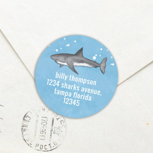 Cute Whimsical Blue Ocean Sharks Return Address Classic Round Sticker