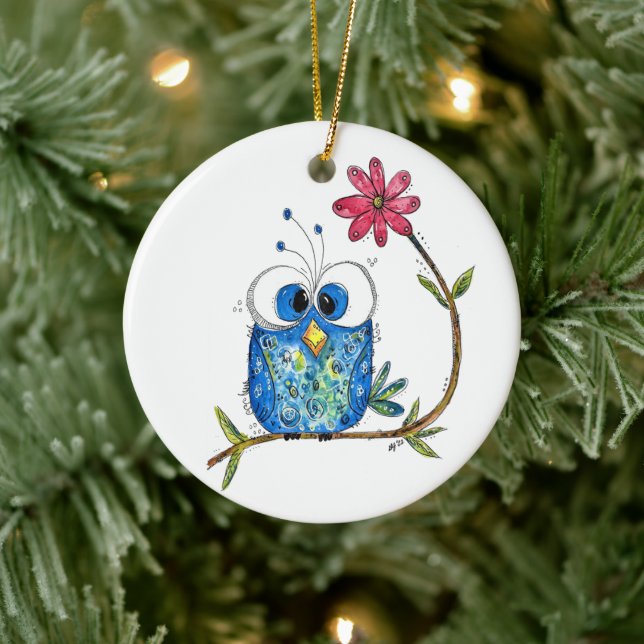 Cute Whimsical Blue Owl Ceramic Tree Decoration (Tree)