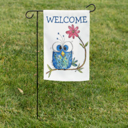Cute Whimsical Blue Owl Garden Flag