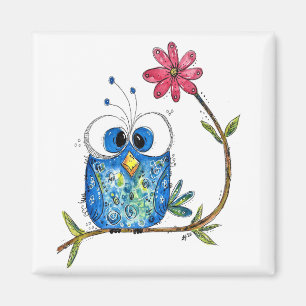 Cute Whimsical Blue Owl Magnet