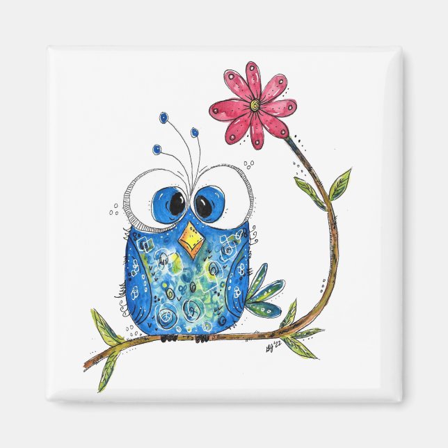 Cute Whimsical Blue Owl Magnet (Front)