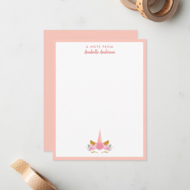 Cute Whimsical Blush Pink Unicorn Card (Front/Back In Situ)