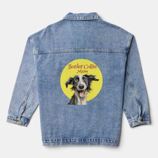 Cute Whimsical Border Collie Mum Illustration Denim Jacket (Back)