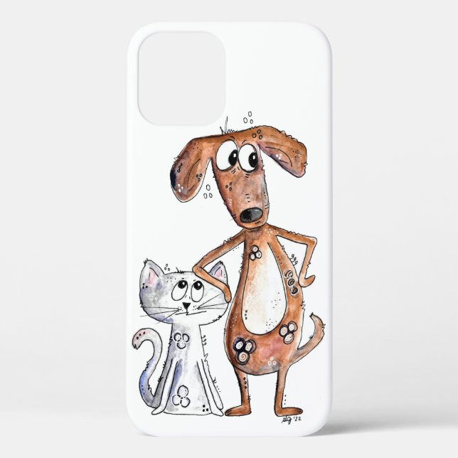 Cute Whimsical Brown Dog and Grey Cat Case-Mate iPhone Case (Back)