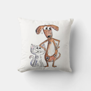 Cute Whimsical Brown Dog and Grey Cat Cushion