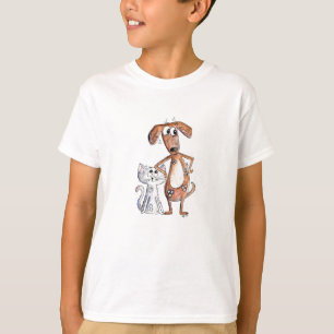 Cute Whimsical Brown Dog and Grey Cat T-Shirt