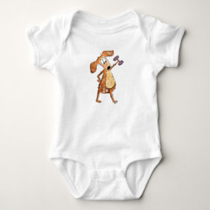 Cute Whimsical Brown Dog Lifting Weights Baby Bodysuit