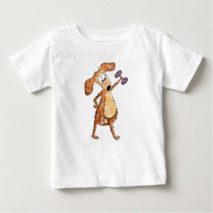 Cute Whimsical Brown Dog Lifting Weights Baby T-Shirt