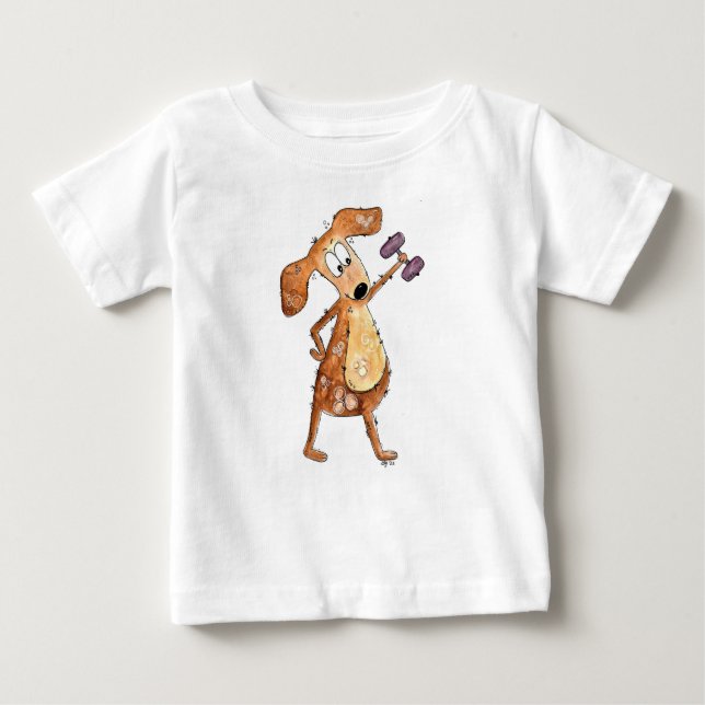 Cute Whimsical Brown Dog Lifting Weights Baby T-Shirt (Front)