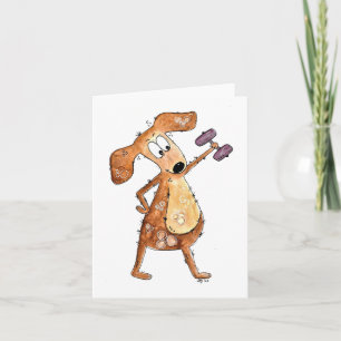 Cute Whimsical Brown Dog Lifting Weights Card