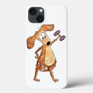 Cute Whimsical Brown Dog Lifting Weights iPhone 13 Case