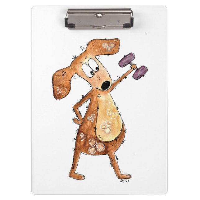 Cute Whimsical Brown Dog Lifting Weights Clipboard (Front)