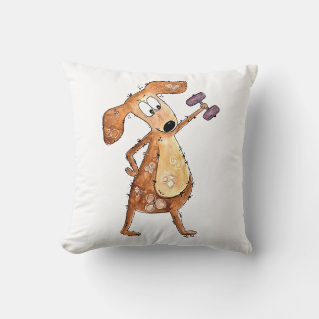 Cute Whimsical Brown Dog Lifting Weights Cushion (Front)