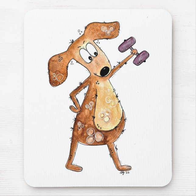 Cute Whimsical Brown Dog Lifting Weights Mouse Pad (Front)