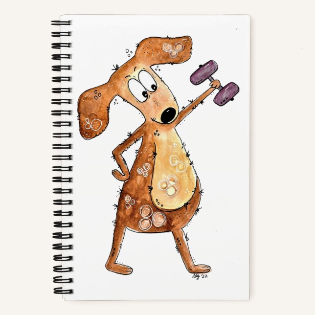Cute Whimsical Brown Dog Lifting Weights Notebook (Front)