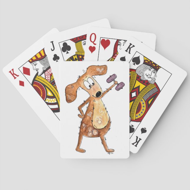 Cute Whimsical Brown Dog Lifting Weights Playing Cards (Back)
