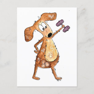 Cute Whimsical Brown Dog Lifting Weights Postcard