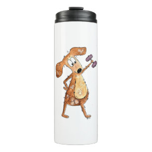 Cute Whimsical Brown Dog Lifting Weights Thermal Tumbler