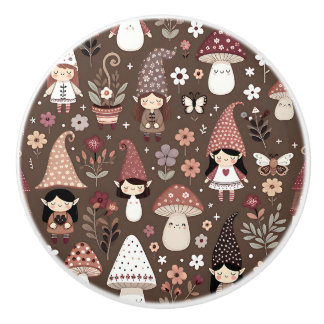 Cute Whimsical Brown Fairy Gnome Elves Ceramic Knob