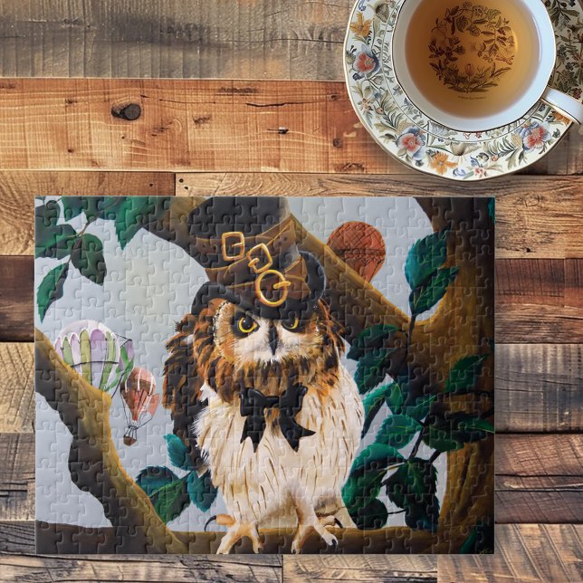 Cute Whimsical Brown Steampunk Owl Top Hat Jigsaw Puzzle (Creator Uploaded)