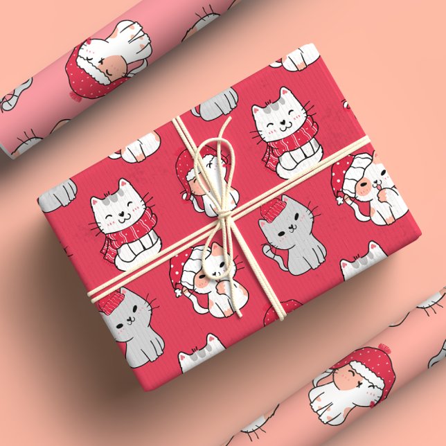 Cute Whimsical Cartoon Cat Christmas Wrapping Paper Sheet (Creator Uploaded)