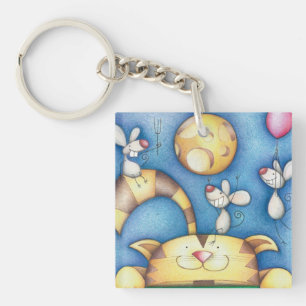 Cute Whimsical Cat and Mouse Moon Art Key Ring