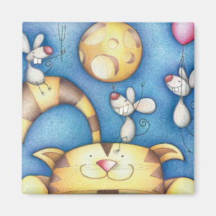Cute Whimsical Cat and Mouse Moon Art Magnet