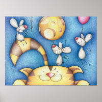 Cute Whimsical Cat and Mouse Moon Art