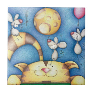 Cute Whimsical Cat and Mouse Moon Art Tile