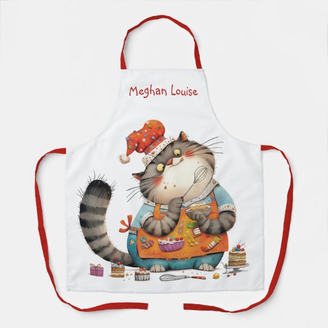 Cute Whimsical Cat Chef Illustration Funny Apron (Front)