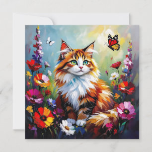 Cute Whimsical Cat, Flowers and Butterflies Card