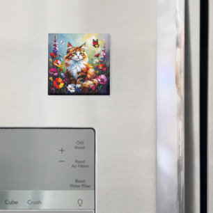 Cute Whimsical Cat, Flowers and Butterflies Magnet