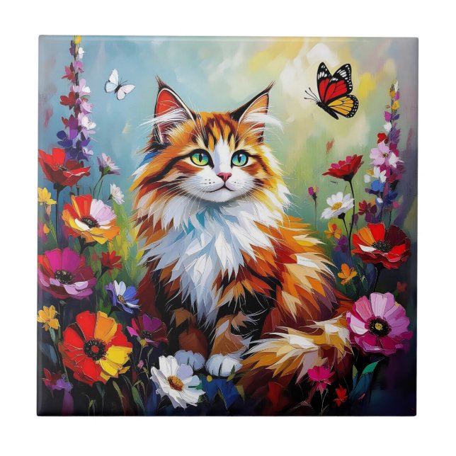 Cute Whimsical  Cat, Flowers and Butterflies Tile (Front)